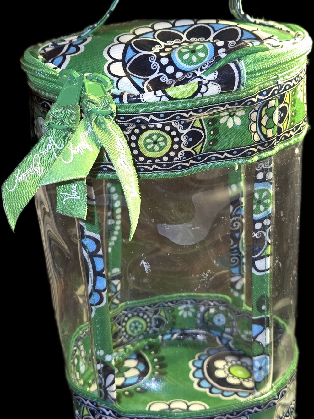 Vera Bradley "Cupcakes Green" Floral Clear Carrying Case 8.5x5.5" Round.